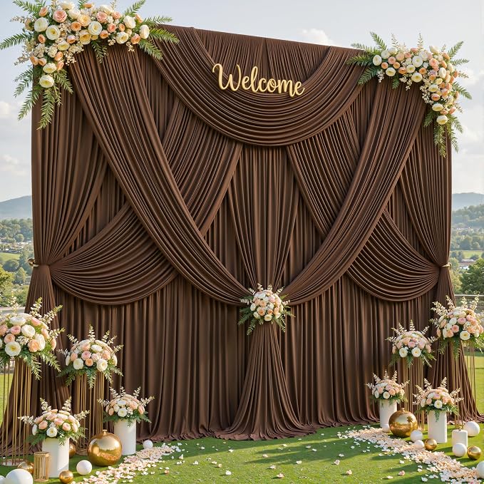 10ftx12ft Wrinkle Free Brown Backdrop Curtain, 2 Panels 12FT Long Wedding Photo Backdrop Drapes, Silky Polyester Back Drop Cloth for Birthday Photography Background Party Backdrop Draping