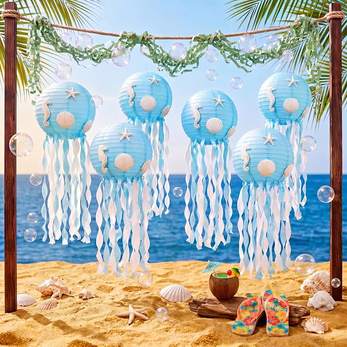 VioraWhite 21 Pcs Ocean Beach Birthday Party Decorations 6 Pcs 9.8'' Hanging Jellyfish Paper Lanterns 12 Resin Shell 2 Bubble Garlands for Nautical Under The Sea Mermaid Baby Shower Birthday Decor