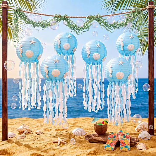 VioraWhite 21 Pcs Ocean Beach Birthday Party Decorations 6 Pcs 9.8'' Hanging Jellyfish Paper Lanterns 12 Resin Shell 2 Bubble Garlands for Nautical Under The Sea Mermaid Baby Shower Birthday Decor