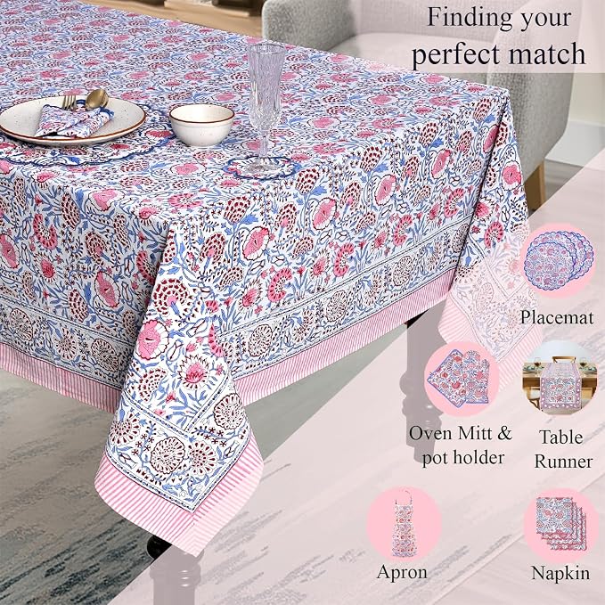 Ridhi Hand Block Print Pigeon Blue Flamingo Pink Rectangle Cotton Tablecloth 140" x 72" Reusable Table Cover Decorative Everyday Use for Dining, Farmhouse, Home Gift for Spring, Easter, Valentine