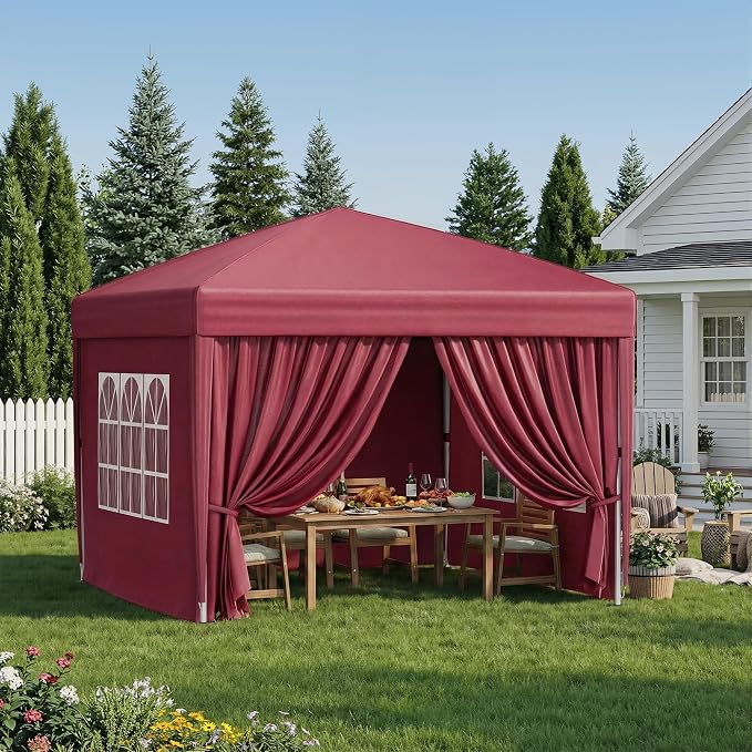 10x10 Pop Up Canopy with Sidewalls, Instant Tent with Carry Bag, Height Adjustable Waterproof Shade Canopy, for Event, Parties, Camping (Red, 10x10 with Sidewalls)