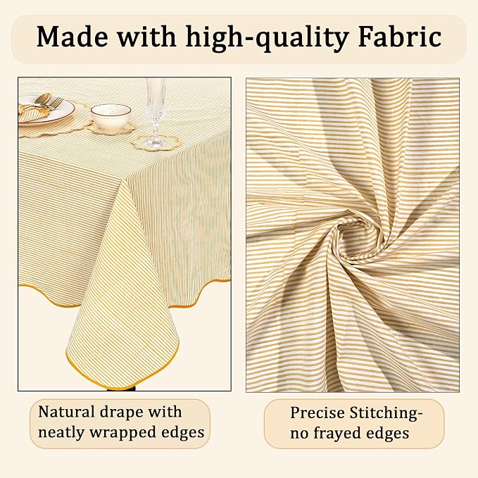 Ridhi Warm Saffron Yellow Stripe Block Print 60x60 Square Tablecloth Table Cover for Dining Tables, Handcrafted Farmhouse Kitchen Decor, Washable, Decorative Tablecloths for Spring, Easter, Valentine