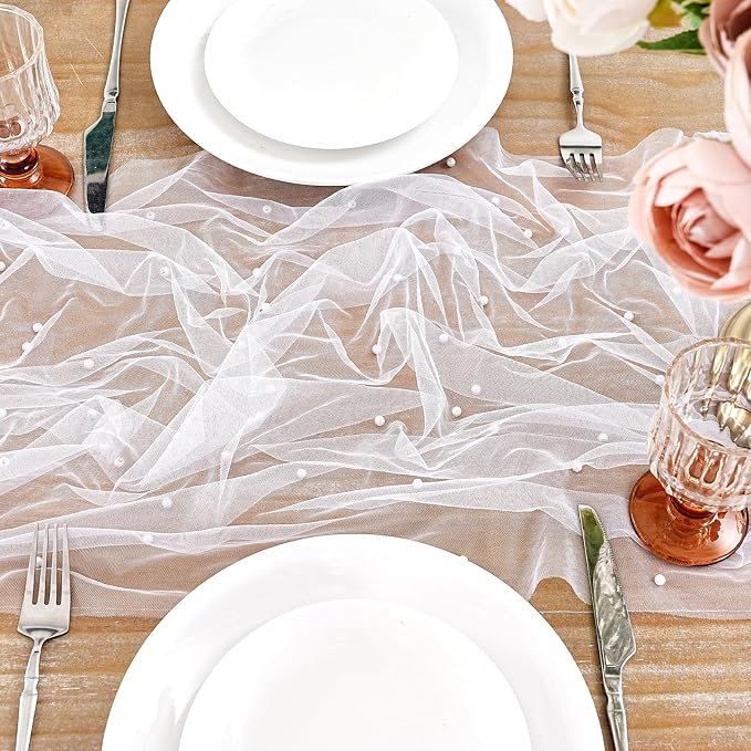 Pearl Gauze Table Runner Tulle Centerpieces Fabric: White 10ft Wedding Veil Seasonal Dessert Chiffon Pearl Lace Boho Overlay Farmhouse Wedding Aisle Runner Party Decorations Doilies