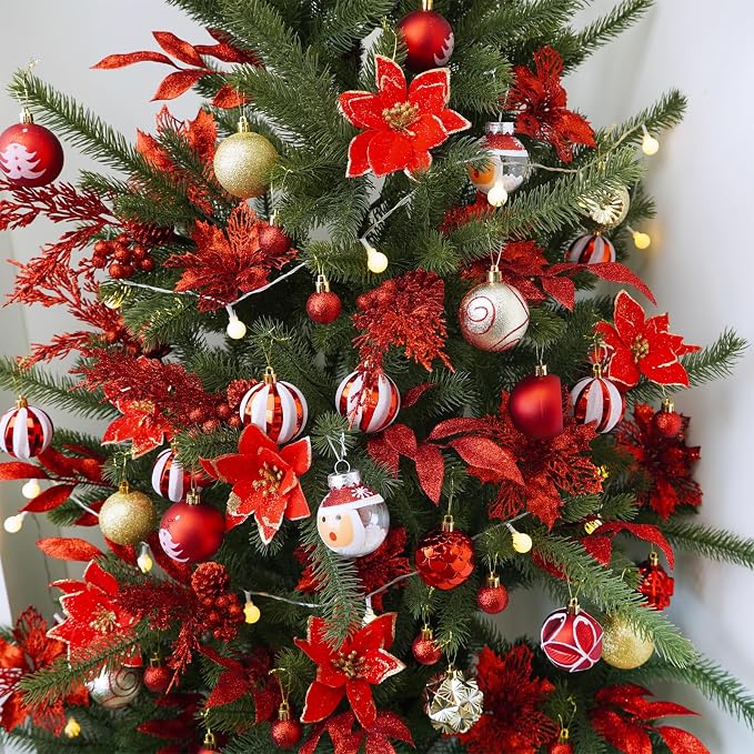 Winlyn 35 Pcs Christmas Artificial Poinsettia Flowers Picks and Artificial Leaves Sprays Red Glitter Christmas Picks for Red Christmas Tree Holiday Floral Arrangement Centerpiece Wreath Garland Décor