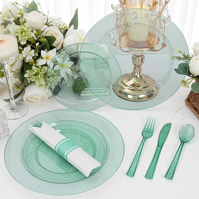 DaYammi 350 Pieces Green Glitter Dinnerware Set 50 Guest for Party St Patricks Day Plates - 50 Dinner Plates, 50 Dessert Plates - 50 Per Rolled Napkins with Green Cutlery - 50 Disposable Cups 9 OZ