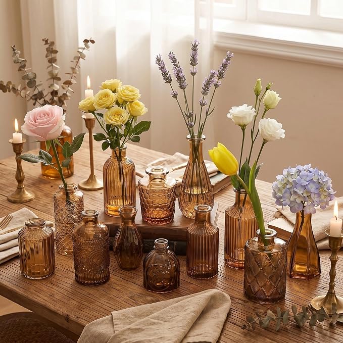 Mini Bud Vases Centerpieces for Tables,Clear Bud Vases for Flowers,Small Flower Vases Suitable for Birthday Party,Anniversary,Wedding Reception,Baby Shower (Amber, 12PCS)