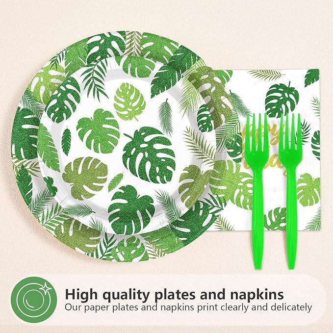 96Pcs Tropical Leaf Birthday Decorations Monstera Palm Leaf Plates and Napkins Hawaiian Luau Tableware Set for Birthday Hawaiian Summer Pool Beach Baby Shower Party Supplies, Serves 24