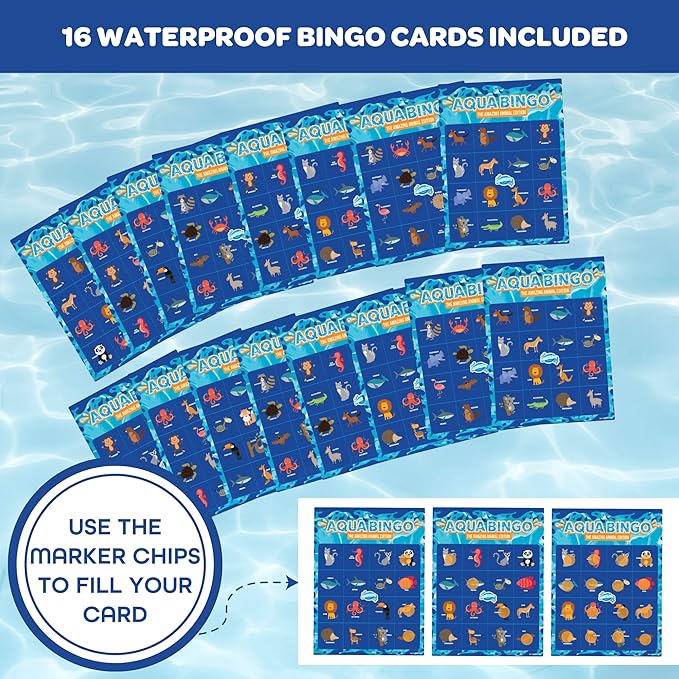 Pool Bingo Diving Game for Kids- Summer Party Fun Edition Toy- Dive & Call 30 Sinking Animal Themed "Numbers", Fill Your Card- 150 Marker Chips & 16 Double Sided Waterproof Play Cards & Carrying Bag