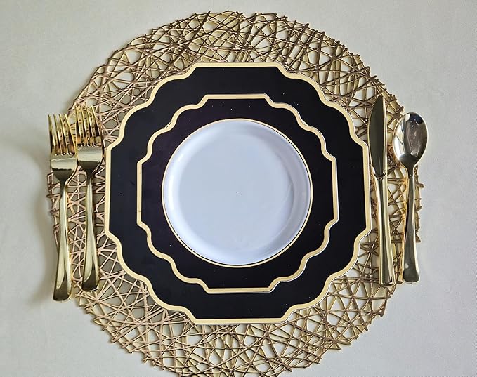" OCCASIONS " 80 Plates Pack,(40 Guests) Heavyweight Premium Wedding Party Disposable Plastic Plates Set -40 x 10.5'' Dinner + 40 x 8'' Salad/Dessert (Imperial in Black & Gold)