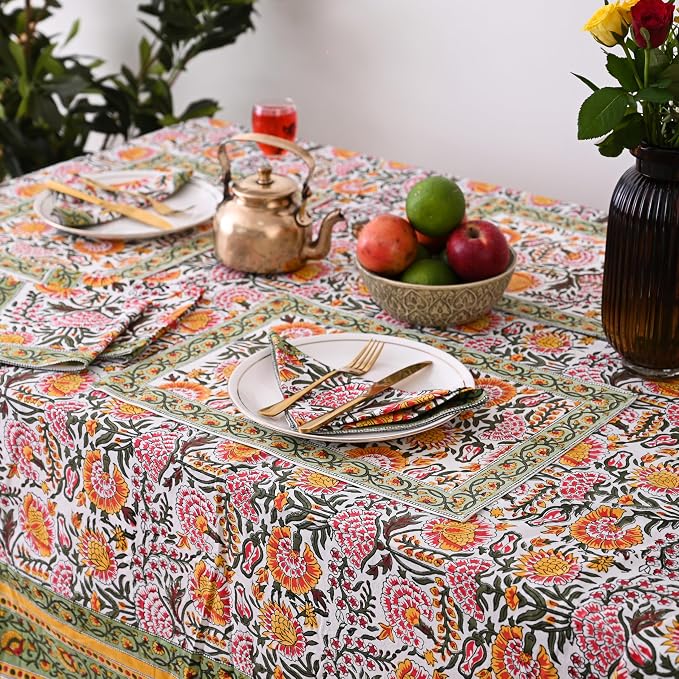 Hand Block Printed Tablecloth, Colorful Floral Print, Indian Artisan Handmade Art, Dining Room, Kitchen, Outdoor Décor, (Yellow Sunflower, 8 Seater 72 x 108 Inches Rectangle)