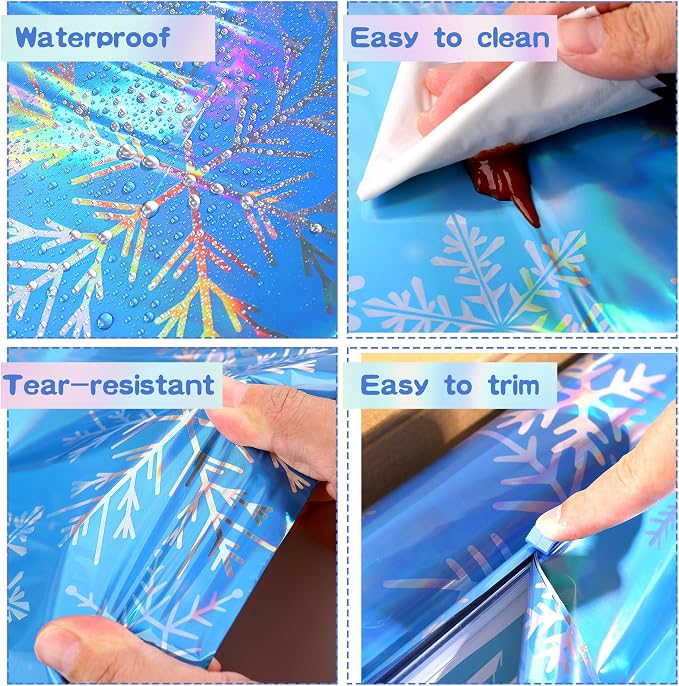 Kochorie 100 Ft x 54 Inch Iridescent Winter Snowflake Tablecloth Roll with Cutter Box Holographic Blue and Purple Snowflake Wonderland Table Cover Backdrop for Frozen Birthday Party Supplies