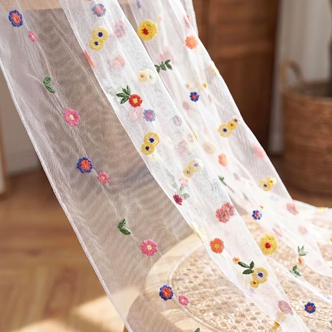 Floral Table Runner 30 x 120 Inch, 6 Pack Ivory White Embroidered Daisy Sheer Tulle Gauze Table Runner for Wedding, Birthday Tea Party, Home Dining Decor