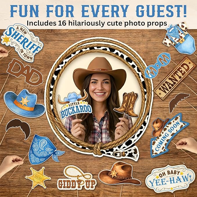 Premium Cowboy Baby Shower Decorations for Boy, A Little Cowboy is on the Way Decorations, Western Baby Shower Decor with Backdrop, Balloons, Banner, Table Decor, Sash, Photo Props, and More