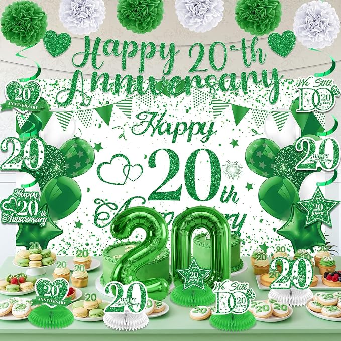 Green 20th Wedding Anniversary Decorations Kit Happy 20th Anniversary Banner Backdrop Table Honeycomb Centerpiece Hanging Swirls Poms Decor for Men Women 20 Years Wedding Anniversaries Party Supplies