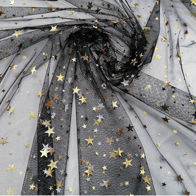 Glitter Star Bobbinet Tulle Netting Fabric By The Yard 62" Wide Black 1yard