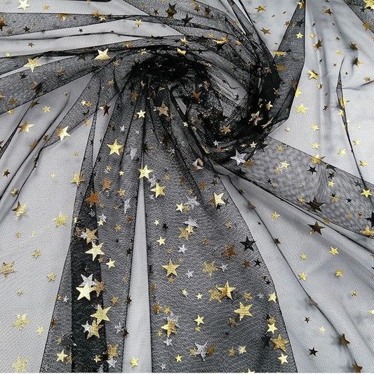 Glitter Star Bobbinet Tulle Netting Fabric By The Yard 62" Wide Black 1yard