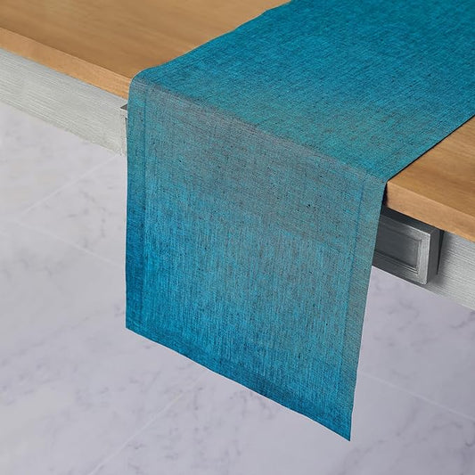 Solino Home Linen Table Runner 120 Inches Long - Athena, 100% Pure Linen Chambray Teal 14 x 120 Inch Table Runner for Dining, Spring, Summer, Mothers Day