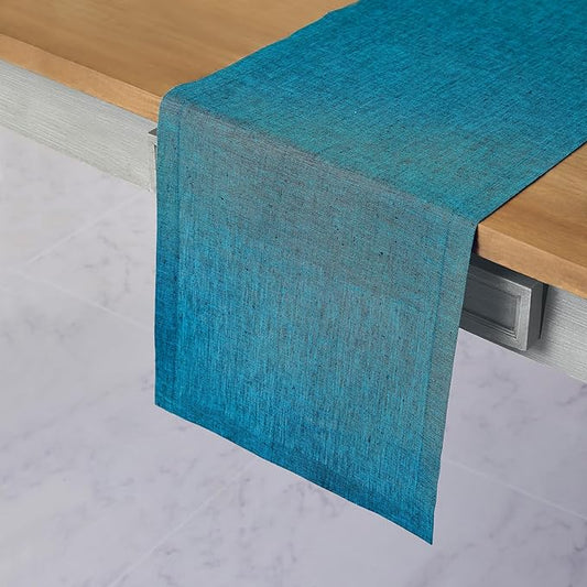 Solino Home Linen Table Runner 144 Inches Long - Athena, 100% Pure Linen Chambray Teal 14 x 144 Inch Table Runner for Dining, Spring, Summer, Mothers Day