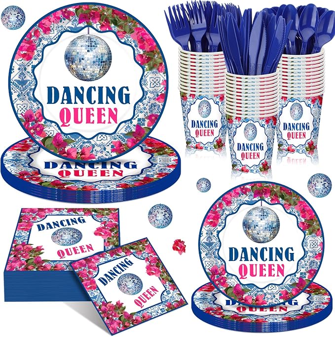168 Pcs Dancing Queen Party Decorations Retro Disco Birthday Party Supplies Queen 17th Paper Plates Napkins 70s Disco Bachelorette Decor Blue Tiles Rose Red Floral Tableware Set Serves 24