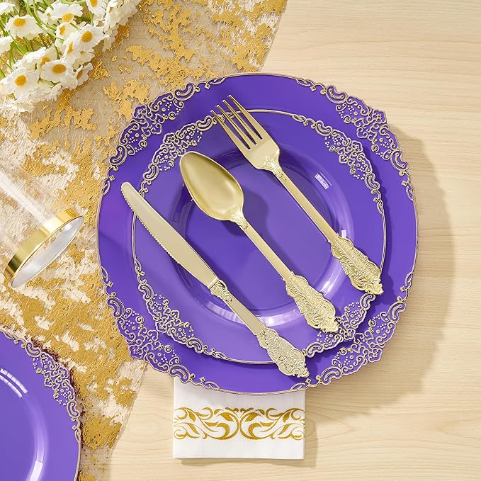 Fijinhom 350pcs Purple Plastic Plates, Elegant Disposable Dinnerware Set, 125 Pieces, White and Gold, Plates, Cups, Cutlery and Napkins (Purple, 50 Guests)