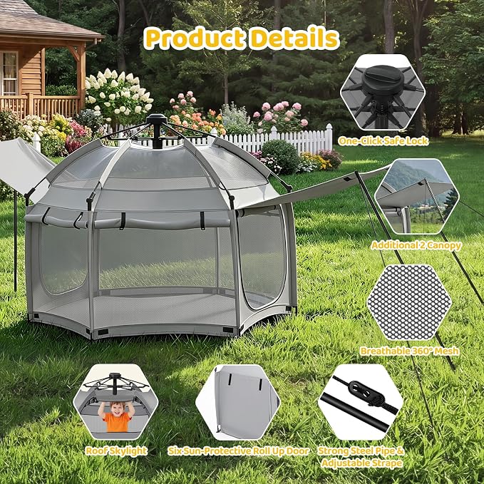 Dripex Upgraded Pop Up Playpen w/t 2-Side Canopy Extension & Built-in Pad,Quick Foldable Indoor/Outdoor Baby Playpen w/t One-Click Safe Lock,2-Side Roll-Up Door,Travel Pop and Go Beach Play Pen Grey