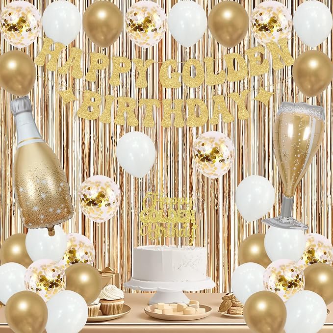 Trgowaul It's My Golden Birthday Decorations for Women Girls, Banner, Sash and Crown, Cake Topper, Latex Balloons Fringe Curtains, Champagne Gold Happy Birthday Party Supplies