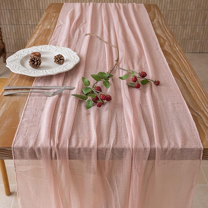 Keketoarrange 6pcs Dusty Pink Gauze Rustic Cheesecloth Table Runner 120 Inch 10 FT for Wedding Baby Shower Bridal Shower Birthday Engagement Garden Outdoor Party Long Sheer Boho Decorations