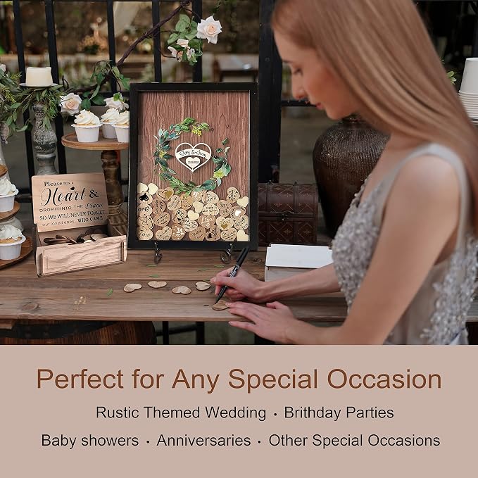 Y&K Homish Wedding Guest Book Alternative, Rustic Wedding Decorations for Reception, Favors for Guests 80 Hearts Green Wreath (Black)