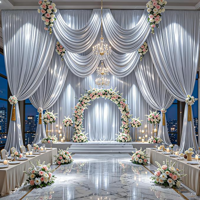 40x10ft Silver Glitter Backdrop Curtain for Parties, Wrinkle Free Satin Photo Backdrop Drapes 8 Panels 5x10FT Shimmer Back Drop Cloth for Wedding Birthday Baby Shower Photography Background Decor