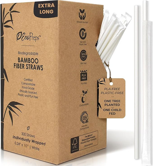 EcoPreps 10” Biodegradable Bamboo Fiber Straws, Extra-Long Individually Wrapped Straw | 300 Count, 100% Compostable, Plastic-Free, Eco-Friendly Drinking Straw | 10-Inch Plant Fiber Disposable Straws