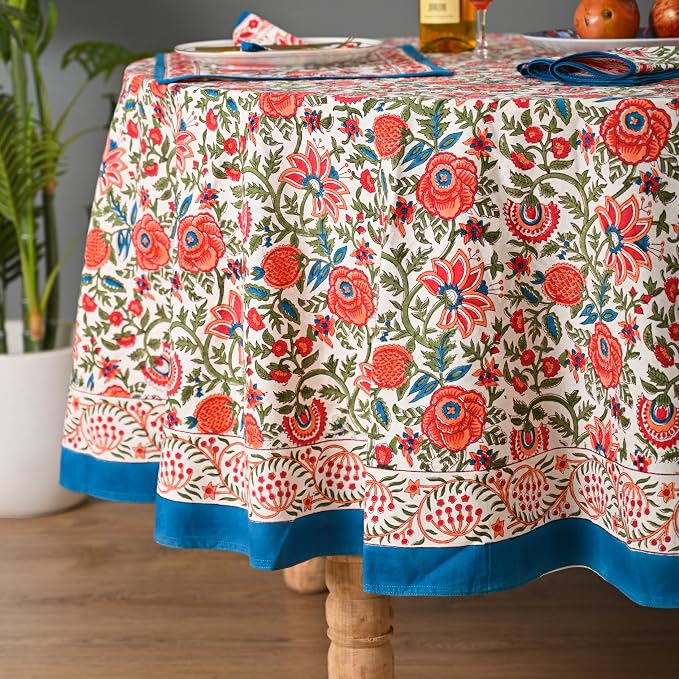 Hand Block Printed Tablecloth – Colorful Floral Print | 100% Cotton | Indian Artisan Handmade Art | Dining Room, Kitchen, Outdoor Décor, (Peach Floral, 8 Napkins, 90 Inches Round)