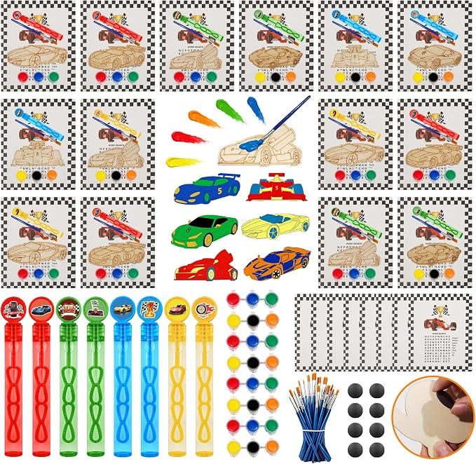 HandTool Race Car Party Favors,24 PCS DIY Wooden Car Painting Crafts Kit for Kids with Paints&Magnets,Bubble Wands,DIY Cards and Gift Bags,Birthday Supplies for Kids Classroom Rewards Gifts Bulk