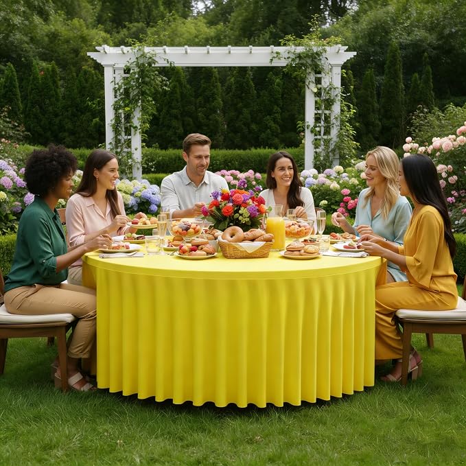 2 Pack Yellow 60 inch Round Spandex Tablecloth, Washable Stretchy Fitted 5FT Round Tables,Elastic Edge with Skirt, Wrinkle Free Table Cloths for Wedding Banquet Party Birthday Buffet