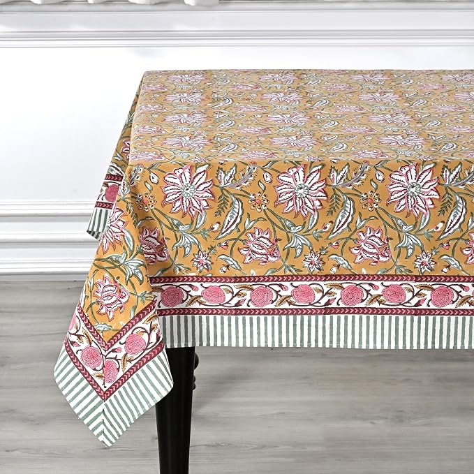 Ridhi Biscotti Yellow Hand Block Print Cotton Rectangle Tablecloth 190" x 72" inches Reusable Table Cover Decorative Everyday Use for Dining Room, Farmhouse, Home Gift for Spring, Mother's Day