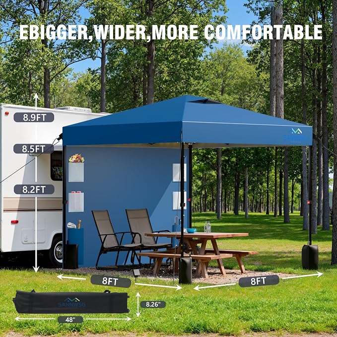 8X8 Pop Up Canopy Tent,Removable Pockets Sidewall for Extra Storage,Easy Up Canopy,Heavy Duty One Person Set Up Event Tent,Blue