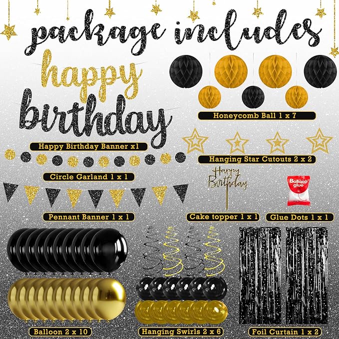 Black and Gold Birthday Party Decorations Set - Happy Birthday Banner Balloons Foil Curtains Hanging Swirls for Men Women Birthday Party Supplies