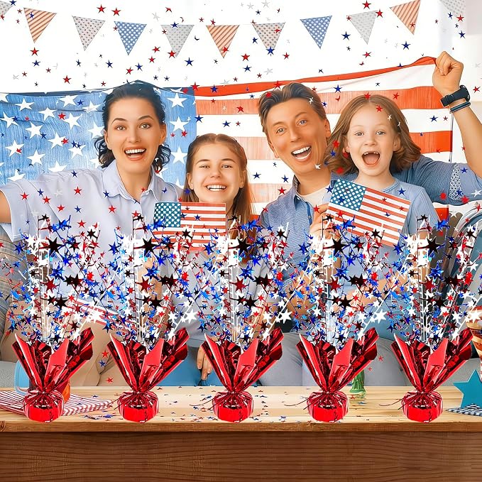 FUBININA 6 Pack 4th of July Table Centerpiece Decoration Metallic Foil Spray Star Burst Patriotic Decor 250th Anniversary Independence Day Labor Veteran Memorial Day Party Supplies, Red White and Blue