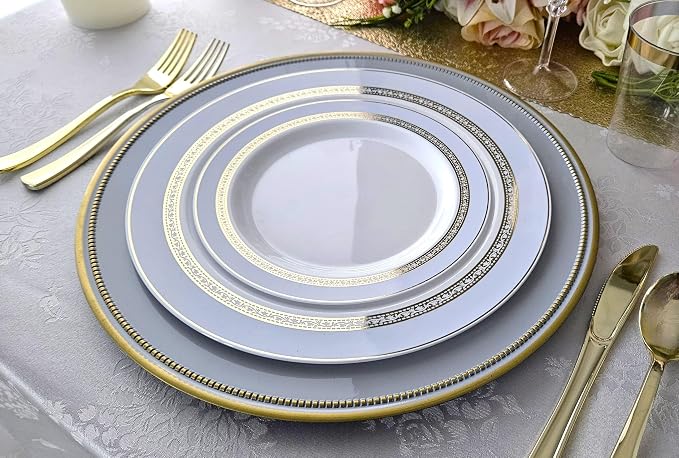 OCCASIONS Fancy Disposable Plates (25 Guests) - Gold Rimmed Heavy Duty Plastic Dinnerware Set, 25 x 10.5" Dinner + 25 x 7.5" Salad/Dessert, China-Like Look, BPA Free Wedding Party (Ritz Blue and Gold)