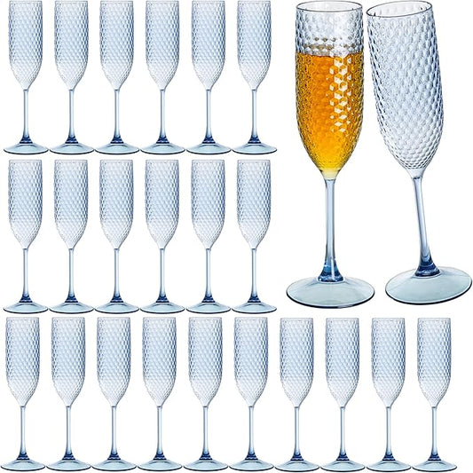 24 Pack Blue Plastic Champagne Flutes Mimosa Unbreakable Champagne Glasses Wedding Toasting Glasses 5.5 OZ Reusable Diamond Glasses Wine Cups Vintage Drinking Glasses for Wedding,Christmas,Party