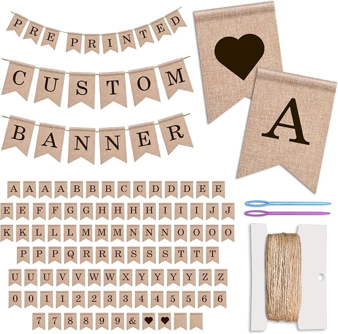 Pre-Printed Banner Kit – 97 BURLAP Flags with BLACK Letters, Numbers & Symbols, Reusable DIY Custom Banner, Make Your Own Personalized Banner for Aesthetic Party Decor, Natural Linen-Look Burlap, Includes Twine & Needles