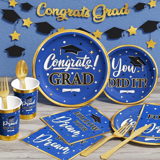 Ecomore Graduation Decorations Class of 2026, 350PCS Graduation Party Supplies Disposable Dinnerware(Serve 50) with Paper Plates Cup Napkin Fork Knife Spoon College High School Grad Decor(Blue & Gold)
