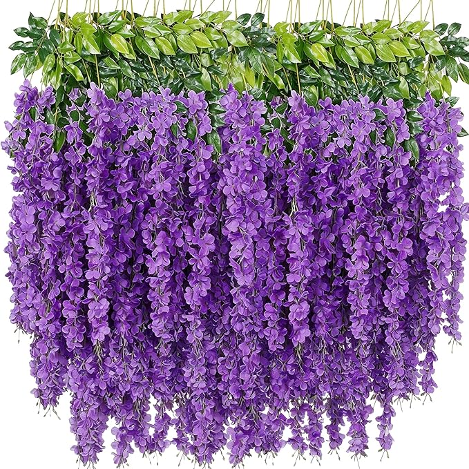 Artificial Wisteria Hanging Flowers Fake Wisteria Flower Garland Silk Vines Rattan Decor for Home Wedding Arch Wall Garden Greenery Bedroom Outdoor Office Party Decoration (48, Light Purple)
