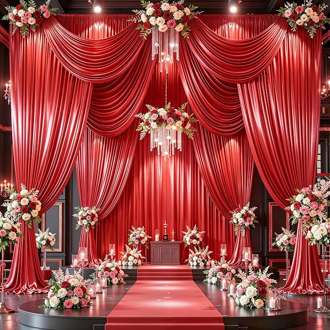 20x10ft Red Glitter Backdrop Curtain for Parties, Wrinkle Free Satin Photo Backdrop Drapes 4 Panels 5x10FT Shimmer Back Drop Cloth for Wedding Birthday Baby Shower Photography Background Decor