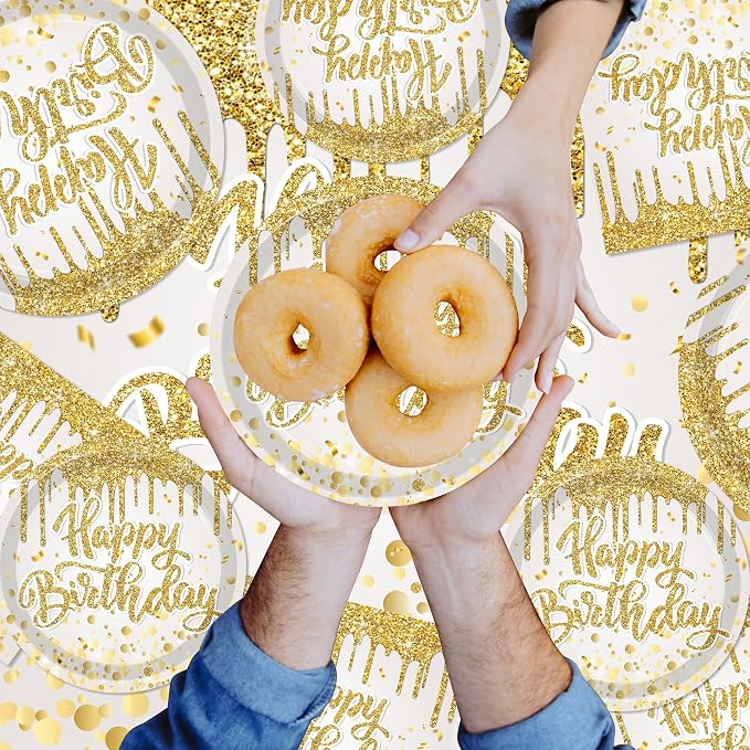140Pcs Golden Happy Birthday Party Decorations White Gold Paper Plates Napkins Cups Tableware Set Women Men Birthday Themed Party Decor for 20 Guests