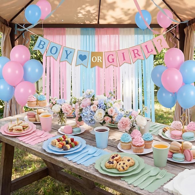 Qinyoung 388 Pcs Pastel Rainbow Plates and Napkins Party Supplies Tableware Include Disposable Scalloped Plate Paper Napkin Cup Plastic Cutlery for Baby Shower Gender Reveal Birthday Party, 48 Sets
