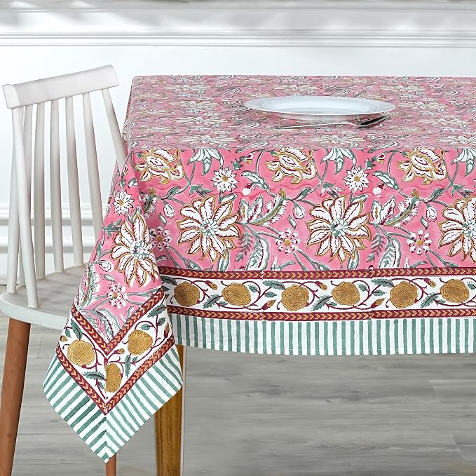 Ridhi Candy Pink Hand Block Print Cotton Rectangle Tablecloth 190" x 72" inches Reusable Table Cover Decorative Everyday Use for Dining Room, Farmhouse, Home Gift for Spring, Mother's Day