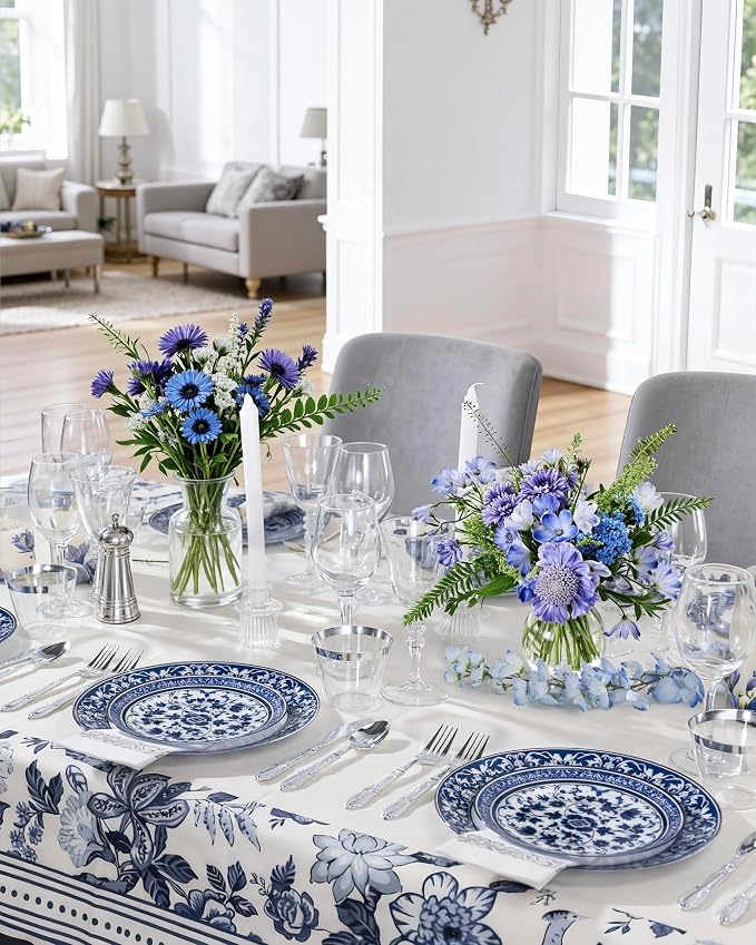 Hioasis 60pcs Blue Plastic Plates Set - Floral Blue & White Porcelain Design, 10.25" Dinner & 7.5" Dessert Plates Disposable for 4th ofJuly & Wedding (Dishwasher Safe, Art Style)