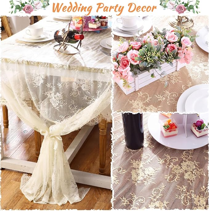 Honeydak 2 Pcs Lace Tablecloth Rectangular 60 x 120 Inch Wedding Rustic Tablecloth Overlay Rose Vintage Embroidered Wedding Reception Party Table Cover Decorations for Bridal Tea Party (Beige)