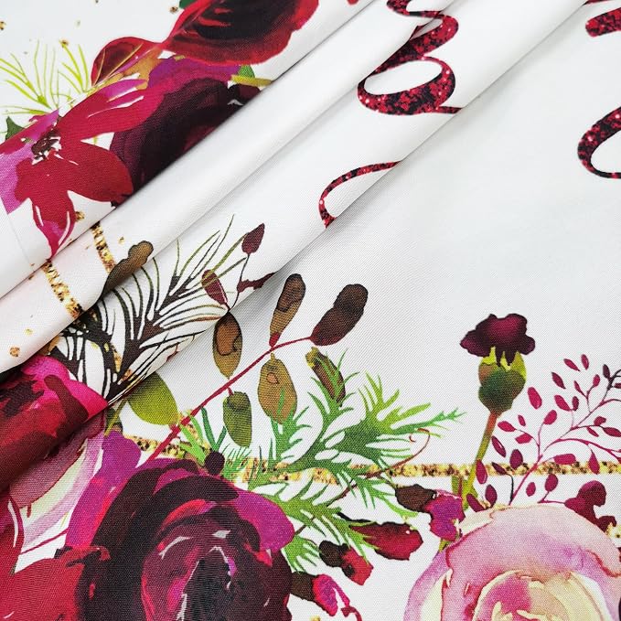 Happy Anniversary Backdrop 7Wx5H Feet Polyester Fabric Elegant Burgundy Flower Rose Plant Botanical Decoration Green Leaves Gold Glitter Photography Background Photo Shoot Props