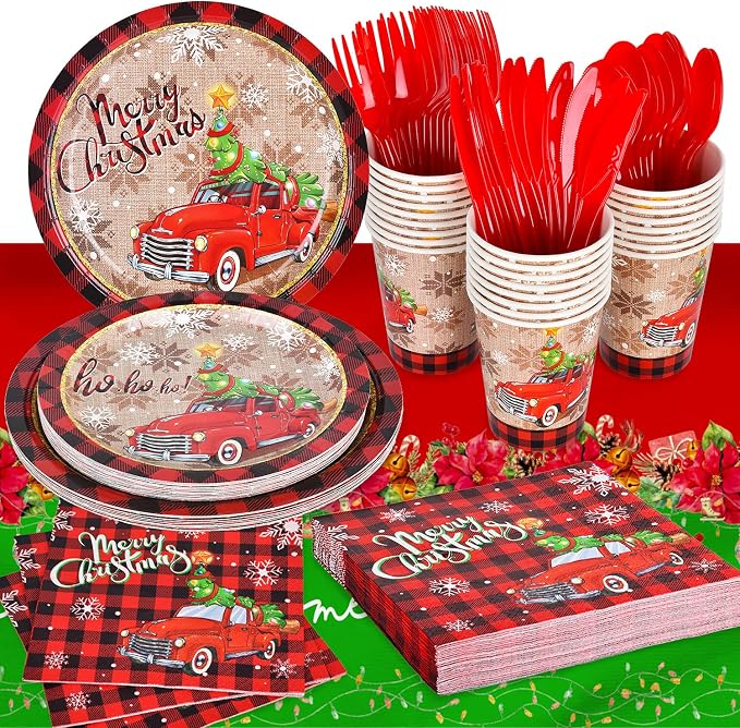 Christmas Party Supplies Disposable Paper Plates Napkins Cups Knives Spoons Forks Tablecloth for Merry Christmas Party Decorations，Serve 25